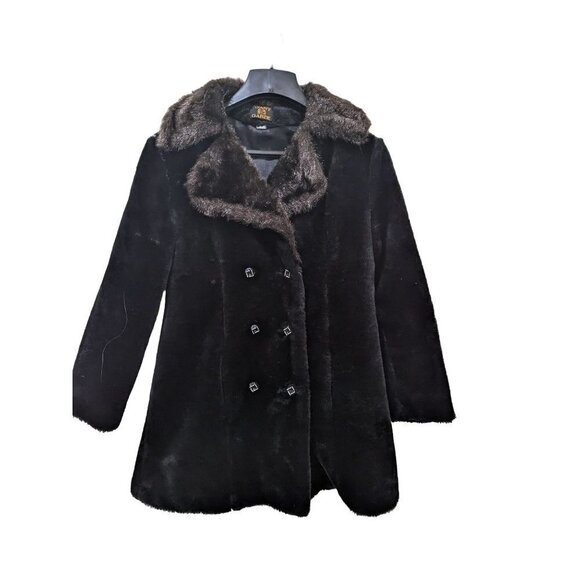 Vintage Avante garde double breasted pea coat faux fur collar black brown  M/L - Picture 1 of 9